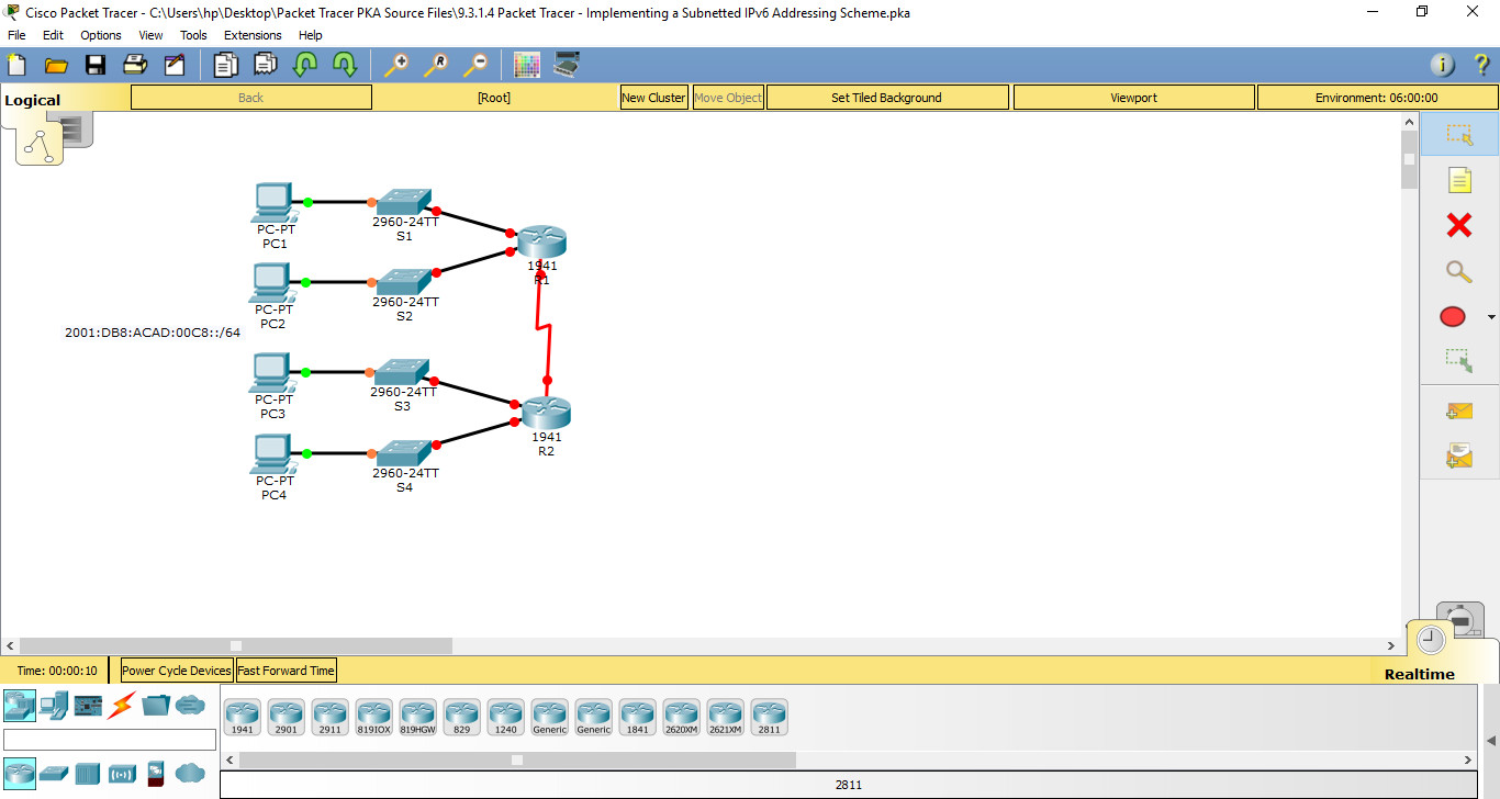 12.9.1/8.3.1.4 Packet Tracer - Implementing a Subnetted IPv6 Addressing Scheme - Instructions Answers 11