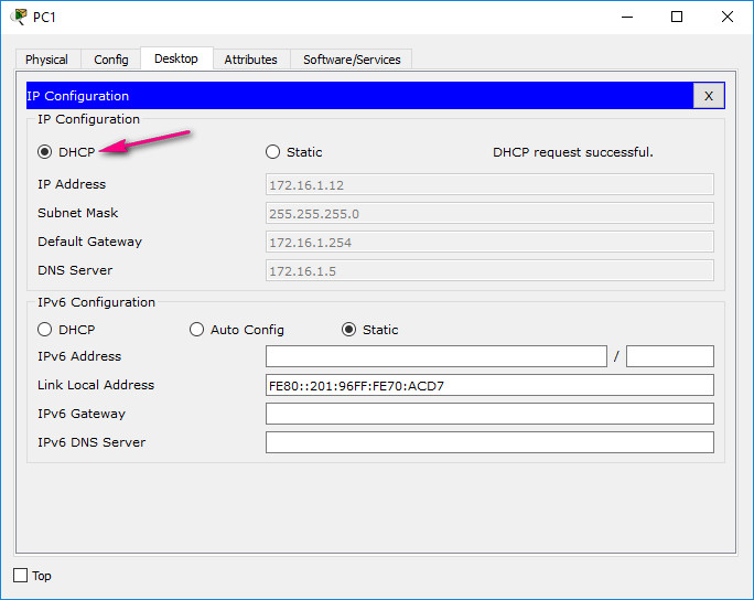 Configure DHCP on PC1