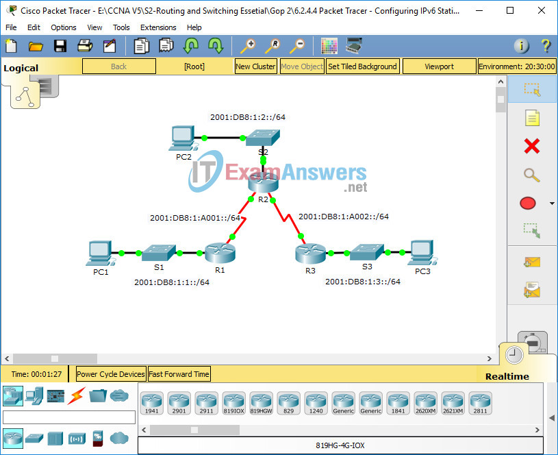 2.2.4.4 Packet Tracer - Configuring IPv6 Static and Default Routes Instructions Answers 2