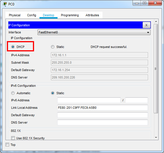 Configure DHCP on the PC 0