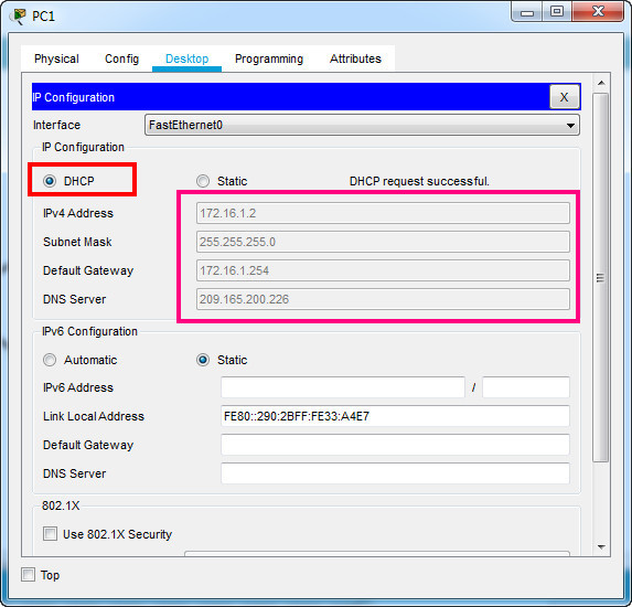 Configure DHCP on the PC1