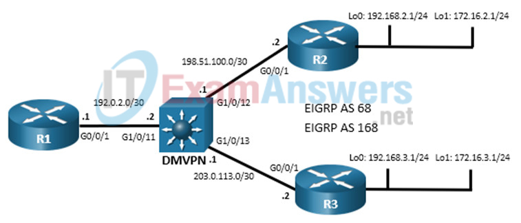 19.1.3 Lab - Implement a DMVPN Phase 1 Hub-to-Spoke Topology (Answers) 3
