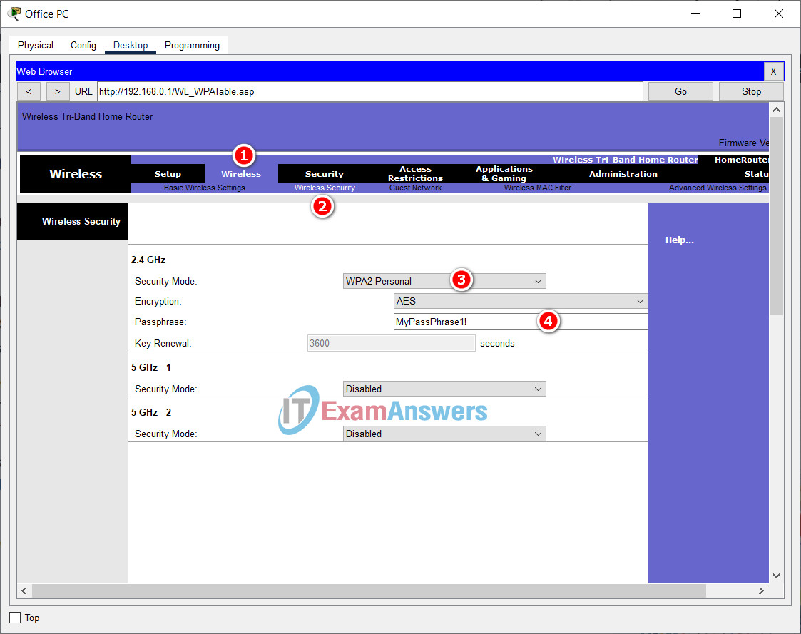 4.4.4 Packet Tracer - Configure a Wireless Router and Client Answers 36